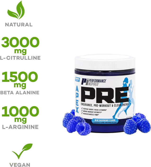 PERFORMANCE INSPIRED Nutrition - APEX Pre Workout Powder - Increase Energy & Endurance - Caffeine - Beta Alanine - All Natural - Vegan Formula - Blue Raspberry