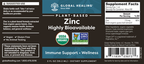 Global Healing Zinc, Organic Plant-Based Liquid Supplement for Immune Support, 2 Fl. Oz