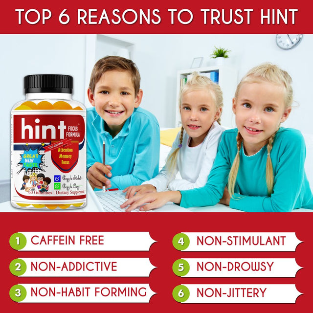 HINT Kids Brain Focus Gummies for Attention & Memory for Teens, Natural Vitamins with Omega DHA- 60 Ct