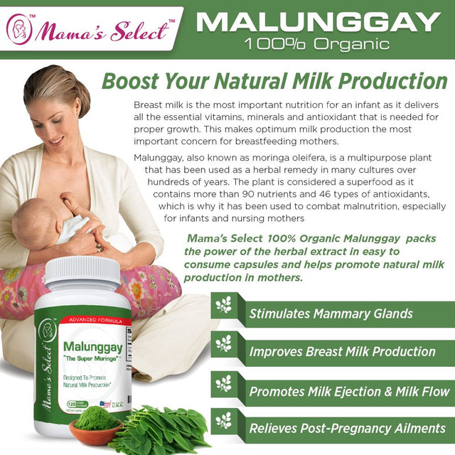 Mama'S Select Malunggay for Breast Milk Increase - 120 Veggie Capsules, 100% Organic Moringa Powder, 350 Mg per Capsule