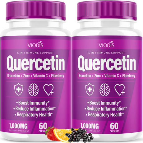 (2 Pack) Quercetin with Bromelain Vitamin C Zinc Elderberry 1000Mg Immune System Booster, Lung Support Supplement for Adults Kids - Immunity Defense (120 Capsules)