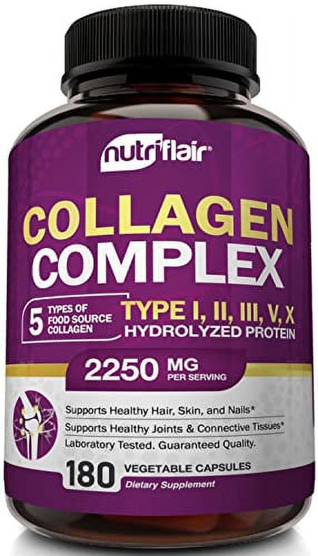 Nutriflair Multi Collagen Peptides 2250Mg, 180 Capsules - Type I, II, III, V, X - Collagen Supplements Complex Powder Pills for Women and Men - Hydrolyzed Protein, Healthy Hair, Skin, Nails - Non-Gmo