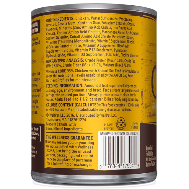 Wellness CORE 95% Natural Wet Grain Free Canned Dog Food, Chicken & Broccoli,12.5-Ounce Can (Pack of 12)