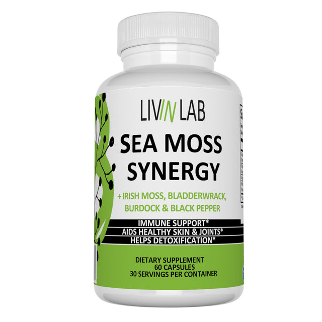 Livin Lab Sea Moss Synergy - Organic Irish Moss, Burdock Root, and Bladderwrack Capsules - Immune System, Gut Cleanse & Thyroid Supplement - All-Natural Sea Moss Powder