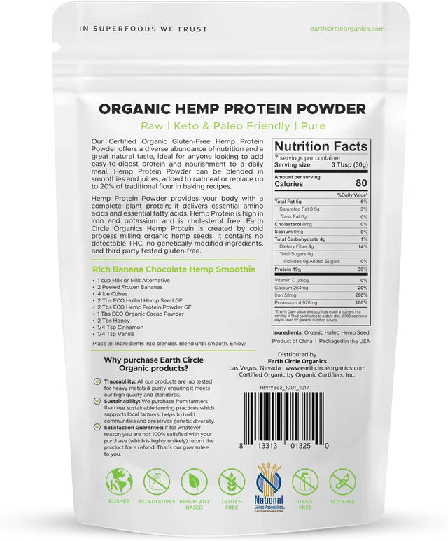 Organic Hemp Protein Powder, Lab Tested 100% Gluten Free, Plant Based & Vegan Raw Protein Powder - Perfect for Keto Diets, Meal Replacement Shakes, Sport Pre-Workout and Post Workout - 8 Oz - 1 Pack