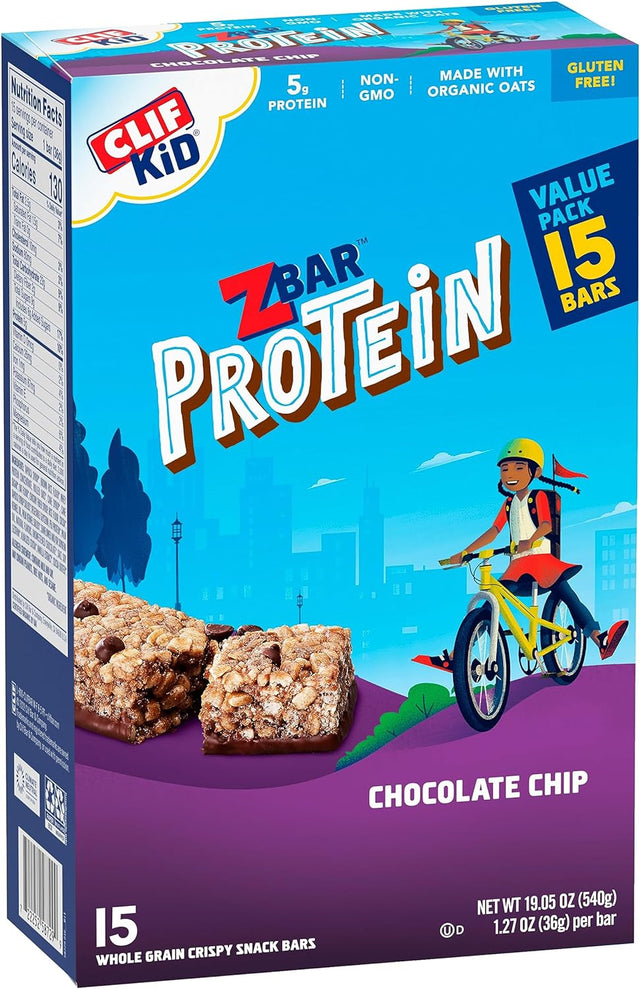 CLIF Kid Zbar Protein - Chocolate Chip - Crispy Whole Grain Snack Bars - Made with Organic Oats - Non-Gmo - 5G Protein - 1.27 Oz. (15 Pack)