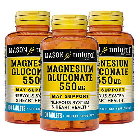 Mason Natural Magnesium Gluconate 550 Mg - Healthy Heart and Nervous System, Improved Muscle Function and Blood Pressure Levels, 100 Tablets (Pack of 3)