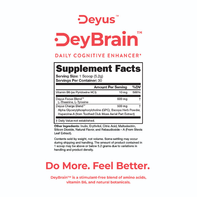 Deybrain by Deyus - Nootropic Brain Booster Supplement | Supports Memory, Focus & Concentration | Keto Friendly | Drink Mix Powder W/ Vitamin B6 | Alpha GPC | Theanine | Bacopa Monnieri | Huperzine A