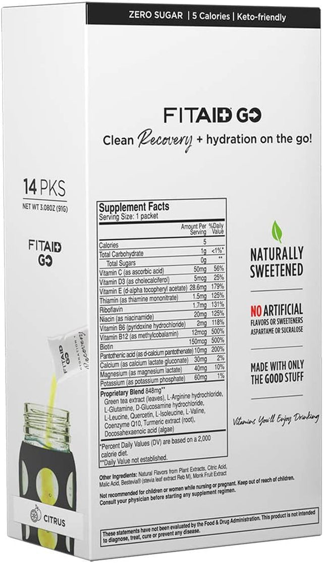 FITAID GO ZERO SUGAR Recovery Hydration Packet, W/ Bcaas, Glucosamine, Electrolytes, Omega-3S, 100% Clean, Keto-Friendly, Vegan & Gluten-Free, 5 Calories, Naturally Sweetened, 14 Pack