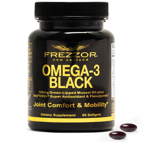 FREZZOR Omega 3 Black - Green Lipped Mussel Oil Capsules, Made in New Zealand, UAF1000+, Inflammation, Joint Care & Relief, Heart & Immune Support, No Fishy Aftertaste, 450Mg, 60 Count (Pack of 1)