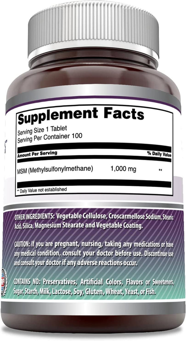 Amazing Formulas MSM (Methylsulfonylmethane) Dietary Supplement 1000Mg, 100 Tablets (Non-Gmo, Gluten Free) per Bottle - Promotes Joint Health, Detoxification, Supports Healthy Hair, Skin and Nails