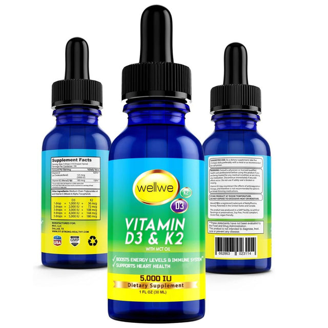 WELLWE Liquid Vitamin D3 K2 Drops with MCT Oil 5000 IU - Vegan, Unflavored (1 Bottle)