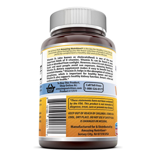 Amazing Nutrition Amazing Formulas Vitamin D3- 2,000 IU, 240 Softgels- Important Vitamin for Optimal Body Function- Supports Bone Health, Cardiovascular Health, Kidney Function and Over-All Well-Being