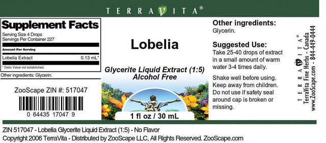 Terravita Lobelia Glycerite Liquid Extract (1:5) - No Flavor, (1 Oz, 1-Pack, Zin: 517047)