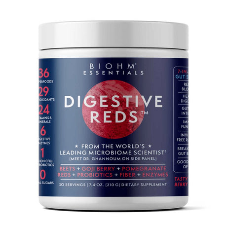 BIOHM Essentials Digestive Reds Powder, Superfoods, Probiotics, Red Berry Flavor, 7.4 Oz, 30 Servings