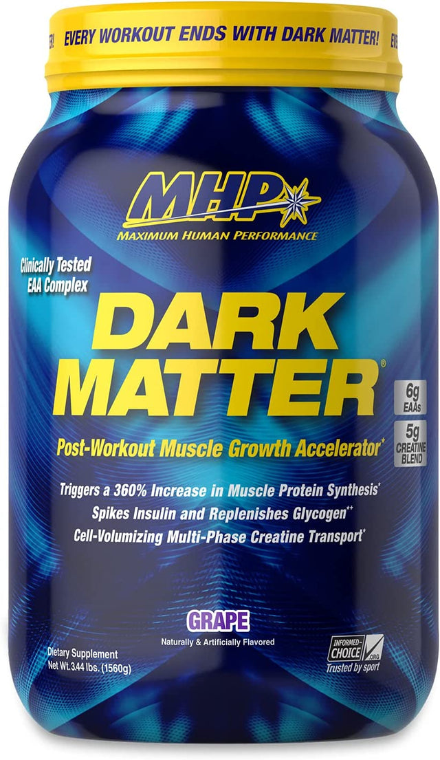 Maximum Human Performance MHP Dark Matter Post Workout, Muscle Building, Recovery, Multi Phase Creatine, Waxy Maize Carbohydrate, 6 G Eaas, Grape, 20 Servings, 55.04 Oz