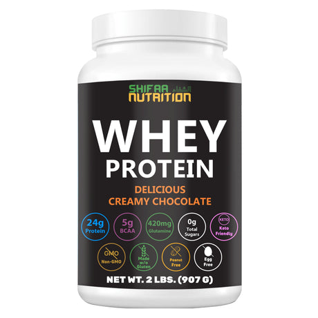 Delicious Creamy Chocolate Halal Whey Protein Powder 2Lbs | 24G Protein, 5700Mg Bcaas, and 420Mg Glutamine | for Recovery & Lean Muscles | Gluten-Free | Non-Gmo | Keto-Friendly | by SHIFAA NUTRITION