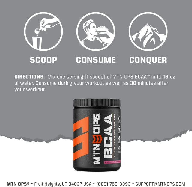 MTN OPS BCAA 2:1:1 Amino Acids Supplement Powder for Rapid Muscle Recovery & Repair with Zero Sugar & Gluten Free (30-Serving Tub, Strawberry Dragonfruit)