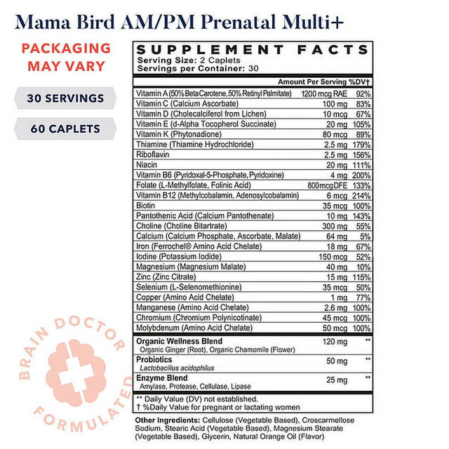 Mama Bird Prenatal AM/PM Multi+ Vitamins, Methylfolate, Organic, Vegan, Best Nest Wellness, 60 Ct