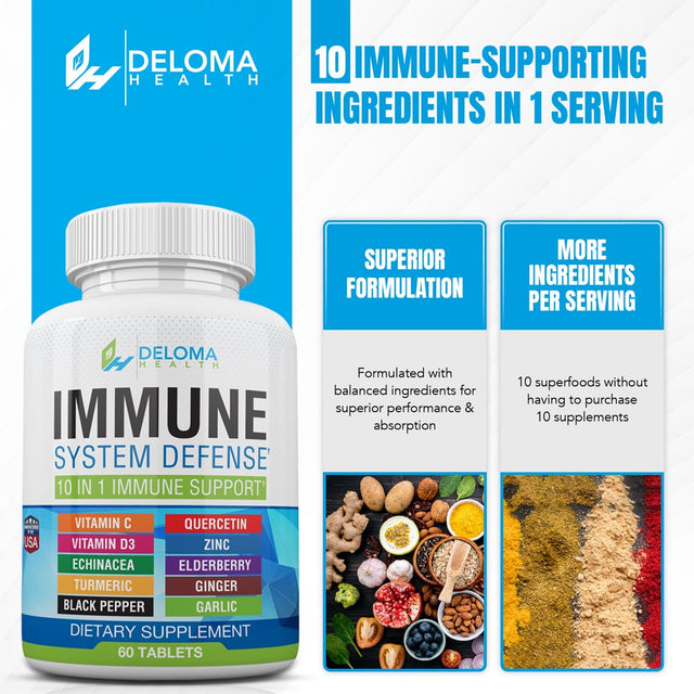 10 in 1 Immune System Support Supplement with Vitamin C, Quercetin, D3, Zinc, Elderberry, Echinacea, Turmeric, Ginger, Black Pepper and Garlic by Deloma Health