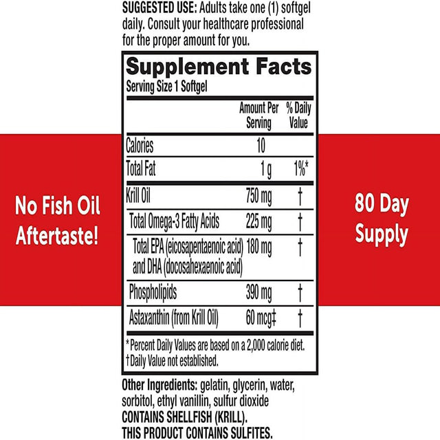 Megared Ultra Strength Krill Oil Omega 3 Supplement, 750Mg Krill Oil – EPA & DHA & Antioxidant Astaxanthin for Heart Health, 80 Softgels, No Fish Oil Aftertaste (Pack of 2)