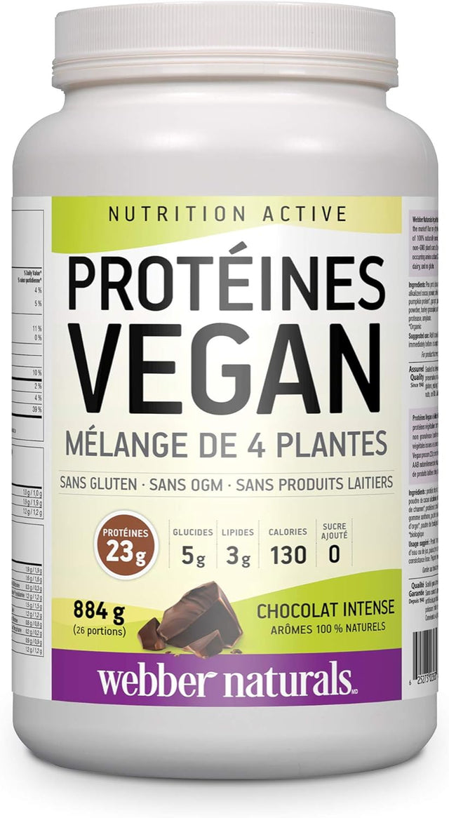 Webber Naturals Vegan Protein Powder, 4-Plant Blend, Rich Chocolate Flavour, 26 Servings, 23 G of Protein, 884 G