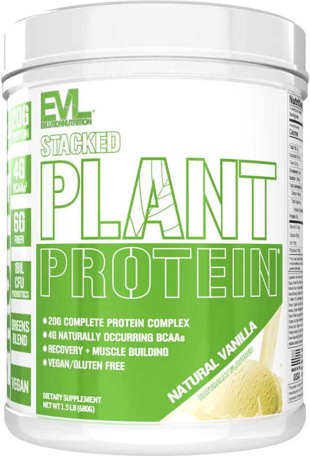 Evlution Nutrition Stacked Plant Protein Powder, Vegan, Non-Gmo, Gluten-Free, Probiotics, Bcaas, Fiber, Complete Plant-Based Protein Complex, 1.5 LB (Natural Vanilla)