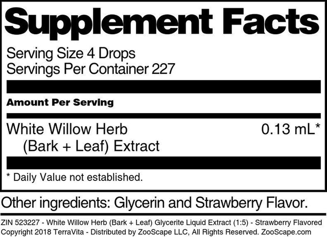 Terravita White Willow Herb (Bark + Leaf) Glycerite Liquid Extract (1:5) - Strawberry Flavored, (Strawberry, 1 Oz, 3-Pack, Zin: 523227)