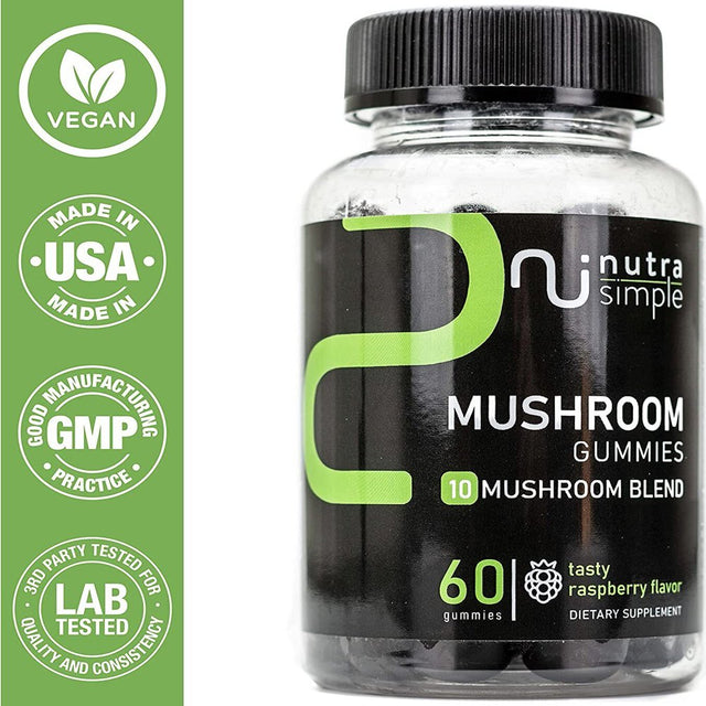 Mushroom Gummies, 10 Mushroom Complex W Lions Mane, 2500Mg 10:1, Nootropic Brain Support Focus, Energy, Mood, Immune Support with Reishi, Chaga, Cordyceps, Turkey Tail Extract - 60 Gummies