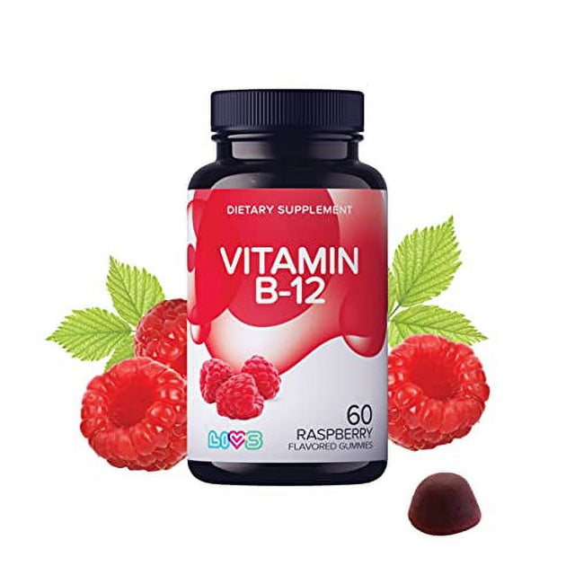 LIVS Vitamin B-12 Gummies, Raspberry Flavor, 1,500Mcg, 60 Count, Daily Supplement.