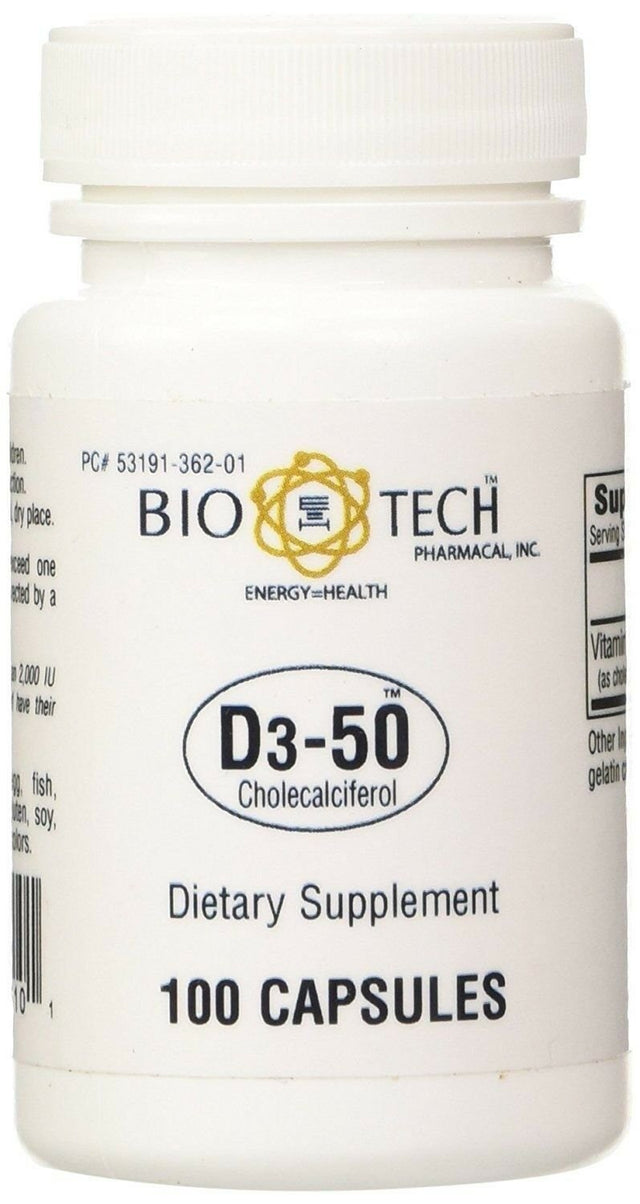 Bio-Tech Pharmacal Vitamin D3-50 Cholecalciferol 50000 IU 100 Capsules 3 Pack