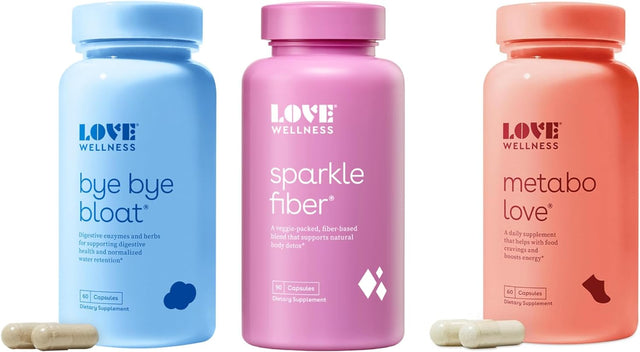 Love Wellness Bye Bye Bloat, Sparkle Fiber, Metabolove | Digestive Enzymes, Metabolism Booster & Bloating Relief for Women | Supports Regularity, Weight Management, Gas Relief & Water Retention