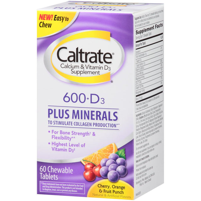 Caltrate Bone Health Advanced 600+D3 plus Minerals Multi-Flavor Calcium Chewables, 60 Ct