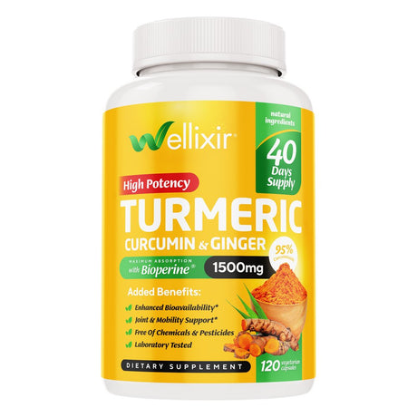 Wellixir Turmeric Supplement Capsules, 95% Curcuminoids W. Bioperine & Ginger Root, 1500Mg High Absorption - 120 Caps