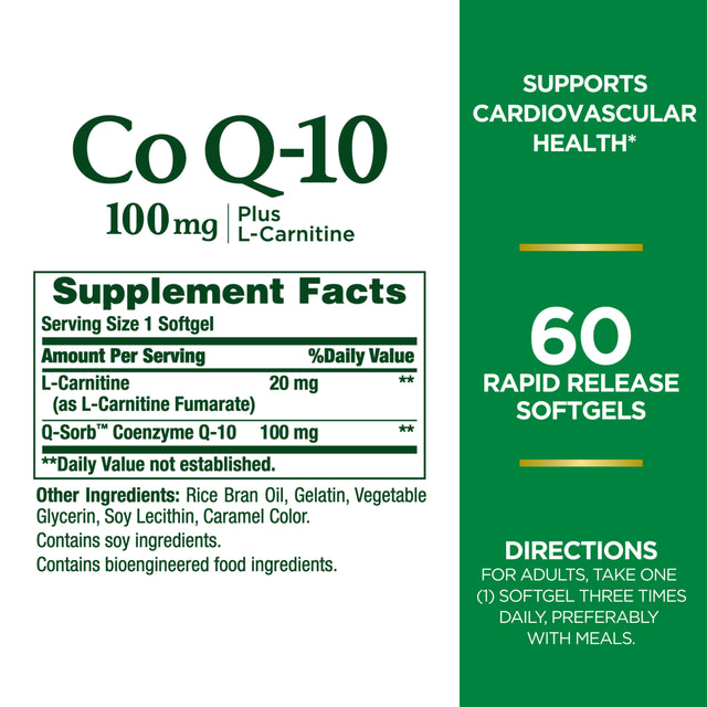 Nature'S Bounty Coq10 100 Mg + L-Carnitine Softgels for Heart Health, 60 Count