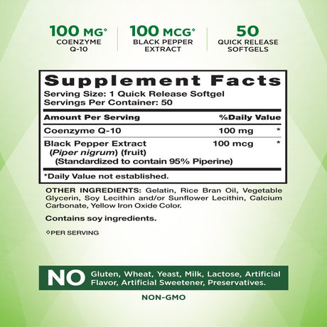 Nature'S Truth Coq10 100Mg | 50 Softgels | Enhanced Absorption Supplement | plus Black Pepper Extract | Non-Gmo, Gluten Free