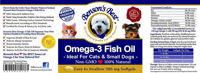 Benson'S Best Omega-3 Fish Oil for Cats & Small Dogs. Provides 43% More Omega-3 than Salmon Oil! 100% Pure, Natural & Non-Gmo, 200 Easy to Swallow 500 Mg Softgel Capsules: Ideal for Cats & Small Dogs!