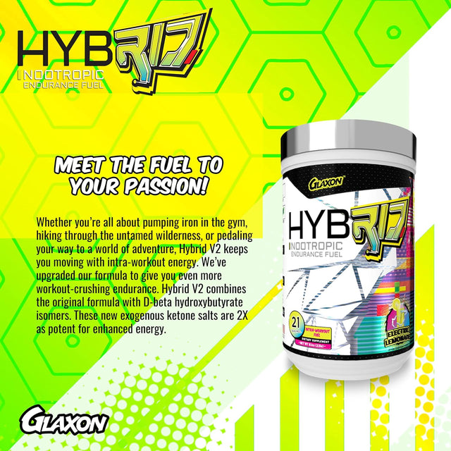 Glaxon Hybrid V2 Nootropic Endurance Fuel | Ketone Salts Supplement with Electrolytes and Inulin Powder for Stamina, Hydration, Brain Power and Workout Performance | Electric Lemonade Flavor