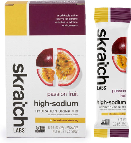 Skratch Labs High Sodium Electrolyte Powder Packets | Hydration Drink Mix | Hydration Packets Developed for Extreme Dehydration | Passion Fruit (8 Packets) | Non-Gmo, Vegan, Kosher