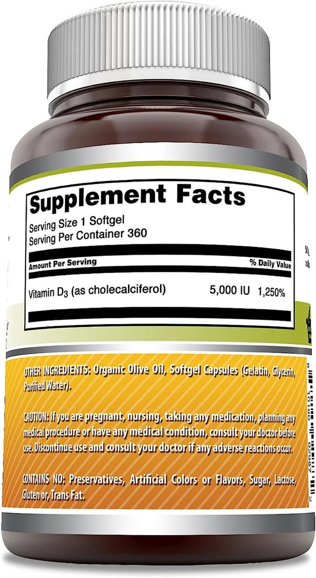 Amazing Formulas Vitamin D3 in Olive Oil 5000 IU 360 Softgels Supplement | Non-Gmo | Gluten Free | Made in USA