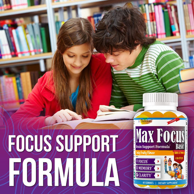 Max Focus Basic Kids Brain Booster Supplement with Omega 3 6 9 + DHA, Brain Supplements for Memory and Focus, Vision, Heart Health, Attention, Mood, Fruity Flavored Non-Gmo- 60 Gummies