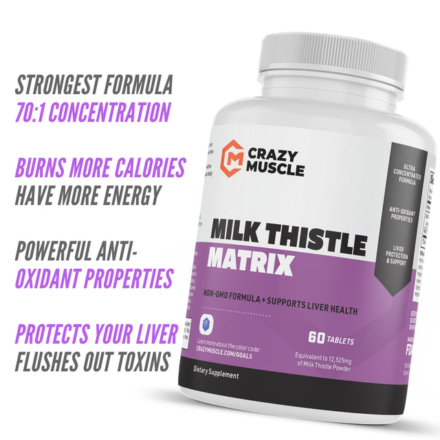 Milk Thistle Tablets by Crazy Muscle: Herbal Liver Support / Cleanse & Regenerator Detoxifier - 60 Pills