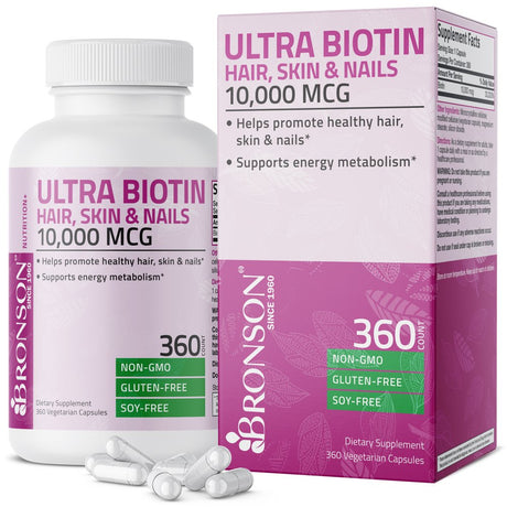 Bronson Ultra Biotin 10,000 Mcg Hair Skin and Nails Supplement, Non-Gmo, Gluten Free, Soy Free, 360 Vegetarian Capsules