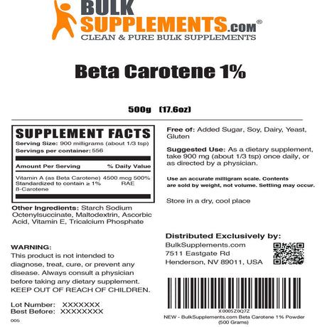 Bulksupplements.Com Beta Carotene Powder, 900Mg - Vitamin a Supplement - Supports Vision Health (500G - 558 Servings)