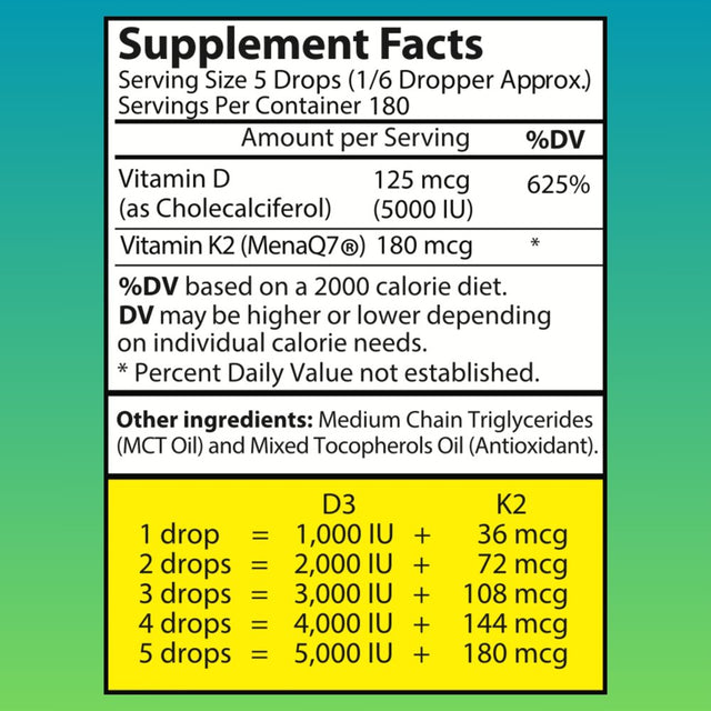 Liquid Vitamin D3 K2 Drops with MCT Oil 5000 IU - Vegan, Unflavored, Soy-Free, Non-Gmo, Energy Levels & Immune System Boost, Heart & Bones Health Support (3 Pack)