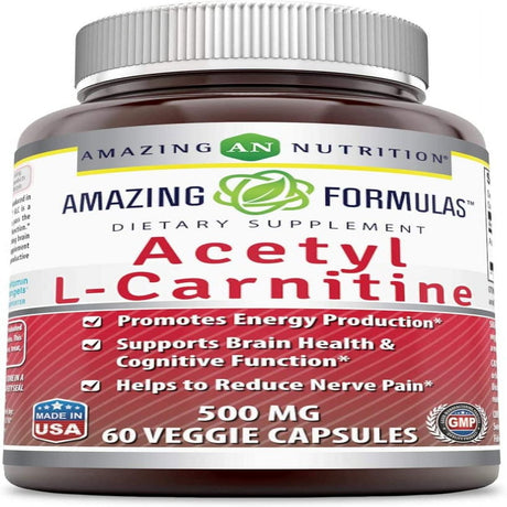 Amazing Formulas Acetyl L-Carnitine Hcl Veggie Dietary Supplement - 500Mg 60Veggie Capsules (Non Gmo,Gluten Free) per Bottle - Promotes Energy Production & Cognitive Function