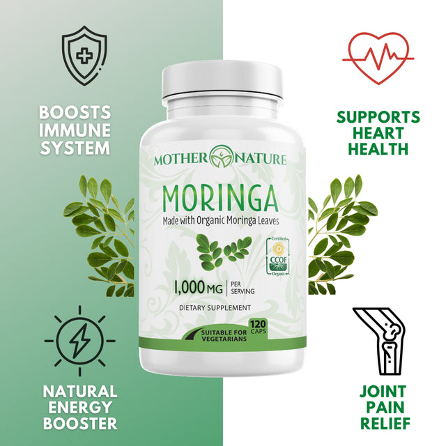 Moringa Capsules 1000Mg, Organic Certified Moringa Leaves Powder - Greens Superfood Powder Herbal Supplement - Energy, Focus, Lactation Support, Vitamin C for Immune Support - Vegan, Non-Gmo (120 )