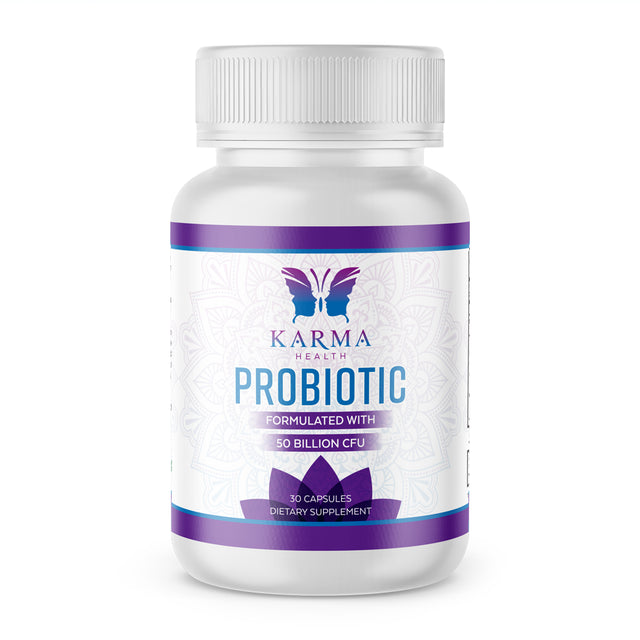 Karma Health Probiotic Formulated with 50 Billion CFU - Fiber Supplement - Digestive Enzymes - 1 Month Supply - for Men & Women - Vegan - GMO Free - Made in USA in FDA Supervised Facility - 1 Pack