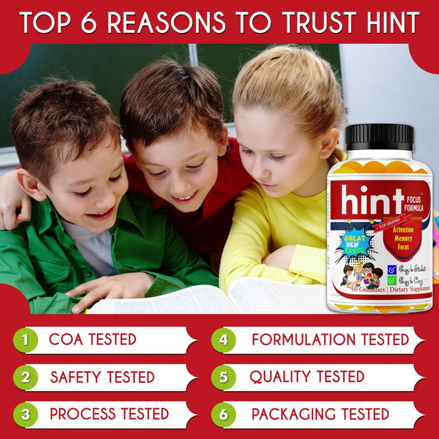 HINT Kids Brain Focus Gummies for Attention & Memory for Teens, Natural Vitamins with Omega DHA- 60 Ct