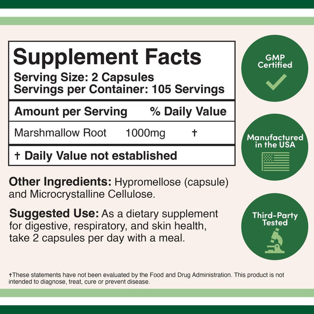 Marshmallow Root Capsules (210 Count, 1,000Mg per Serving) High in Mucilage to Support Respiratory, Skin and Gut Repair (Vegan Safe, Non-Gmo, Gluten Free, Made in the USA) by Double Wood Supplements